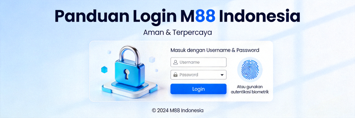 Banner panduan login M88 Indonesia dengan ilustrasi antarmuka login yang aman