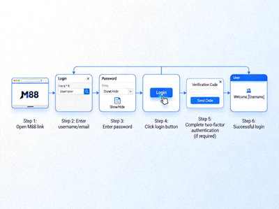Diagram alur proses login M88 mulai dari membuka link hingga berhasil masuk