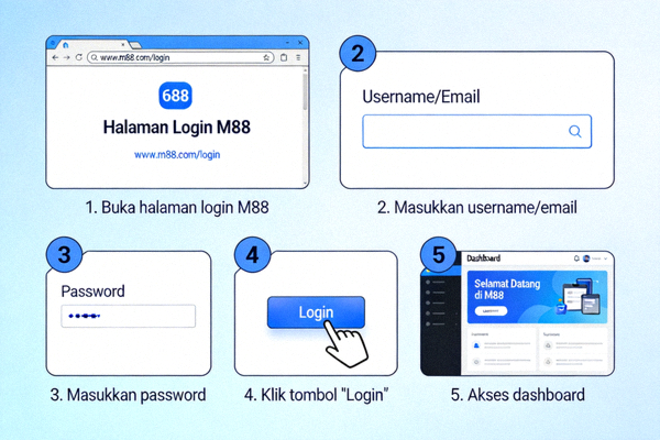 Ilustrasi langkah demi langkah proses login M88 dari membuka halaman hingga masuk ke dashboard