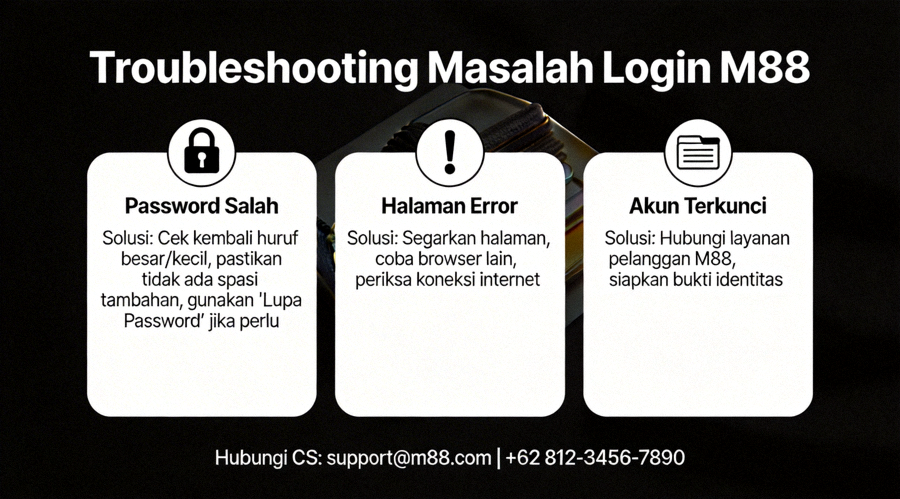 Infografis troubleshooting masalah login M88 seperti password salah, halaman error, dan akun terkunci
